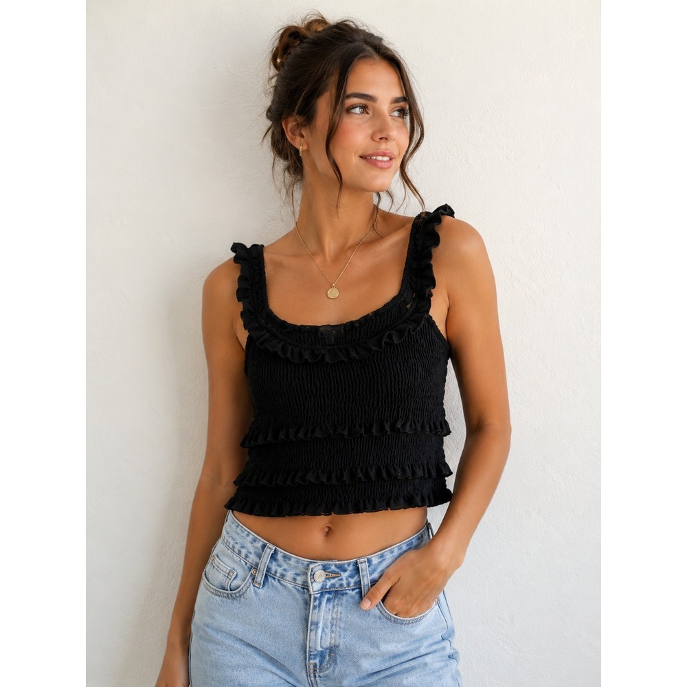 BETTER BE Smocked Ruffle Crop Top Tank Women L Black Boho Minimalist